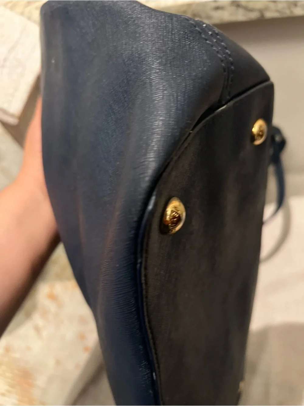 Michael Kors Navy Leather Tote‎ with Gold Grommet Accents Beachy Captain
